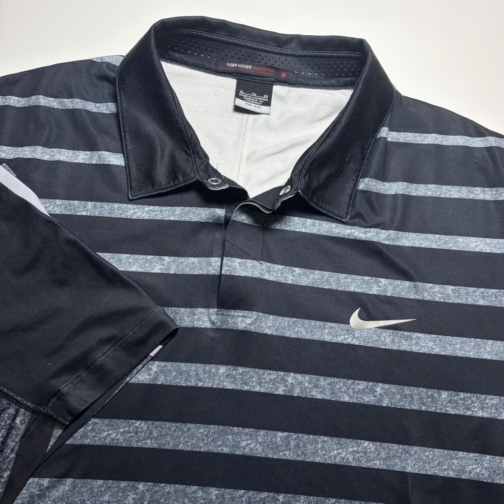 Nike Tiger‎ Woods Collection Mens XL Dri-FIT Golf Polo Shirt  Black Grey Striped